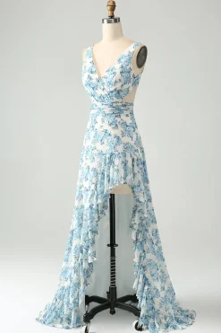 White Blue Flower A Line Ruffled High-Low Wedding Guest Dress