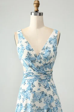 White Blue Flower A Line Ruffled High-Low Wedding Guest Dress
