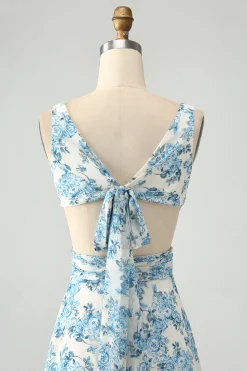 White Blue Flower A Line Ruffled High-Low Wedding Guest Dress