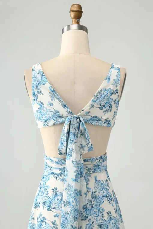 White Blue Flower A Line Ruffled High-Low Wedding Guest Dress