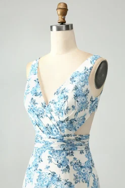 White Blue Flower A Line Ruffled High-Low Wedding Guest Dress