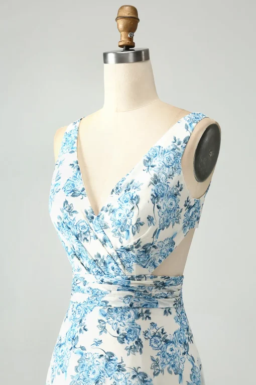 White Blue Flower A Line Ruffled High-Low Wedding Guest Dress