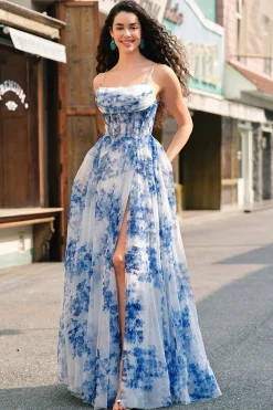 White Blue Flower A-Line Spaghetti Straps Ruched Corset Long Prom Dress With Slit