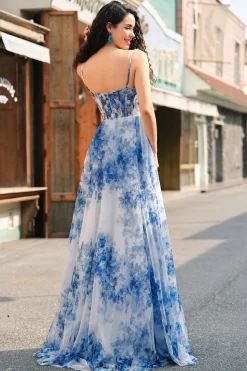 White Blue Flower A-Line Spaghetti Straps Ruched Corset Long Prom Dress With Slit