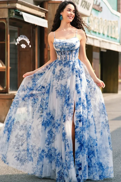 White Blue Flower A-Line Spaghetti Straps Ruched Corset Long Prom Dress With Slit