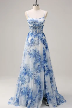 White Blue Flower A-Line Spaghetti Straps Ruched Corset Long Prom Dress With Slit