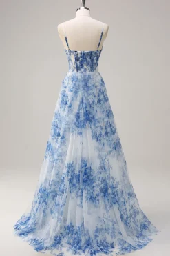 White Blue Flower A-Line Spaghetti Straps Ruched Corset Long Prom Dress With Slit