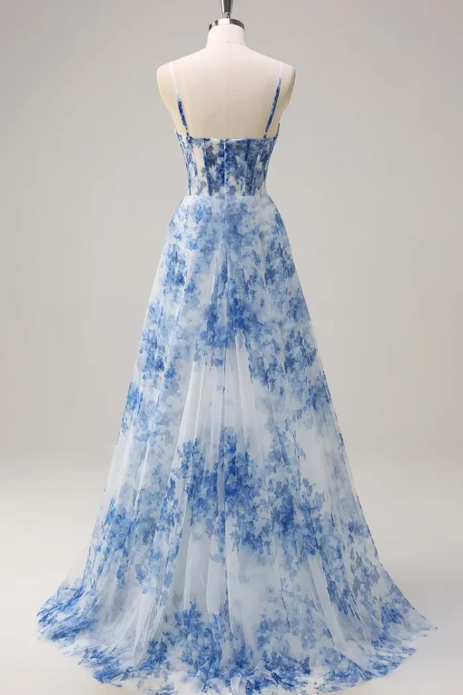White Blue Flower A-Line Spaghetti Straps Ruched Corset Long Prom Dress With Slit