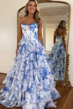 White Blue Flower Corset A Line Tiered Strapless Long Prom Dress