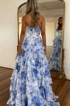 White Blue Flower Corset A Line Tiered Strapless Long Prom Dress