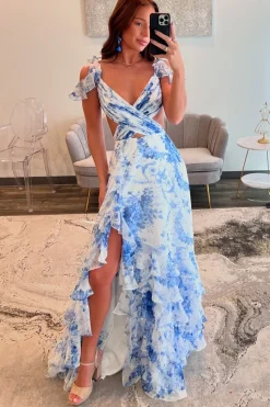 White Blue Flower Printed V Neck A Line Chiffon Tiered Long Prom Dress with Slit