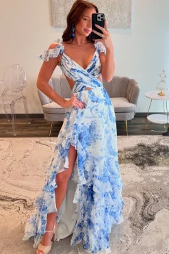 White Blue Flower Printed V Neck A Line Chiffon Tiered Long Prom Dress with Slit