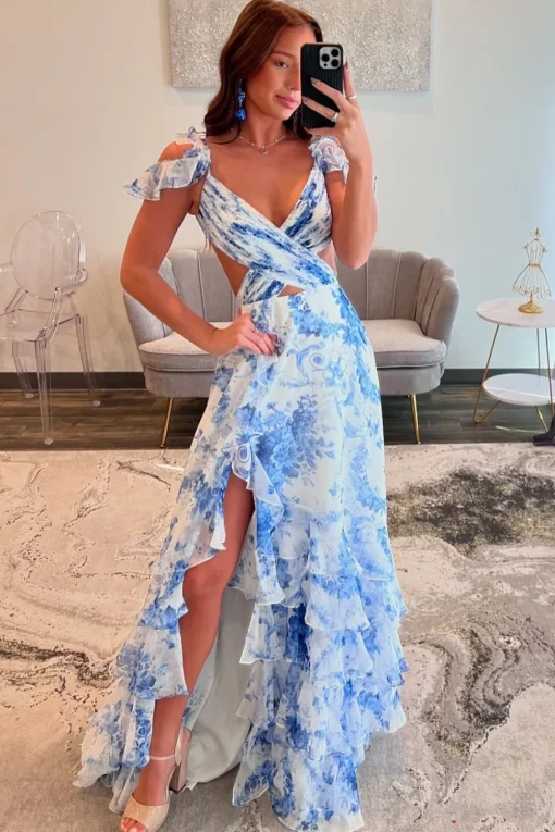 White Blue Flower Printed V Neck A Line Chiffon Tiered Long Prom Dress with Slit