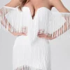 White Bodycon Off the Shoulder Mini Graduation Dress with Fringe
