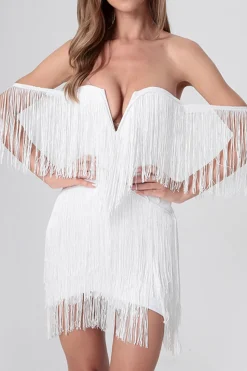 White Bodycon Off the Shoulder Mini Graduation Dress with Fringe