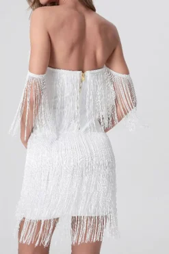 White Bodycon Off the Shoulder Mini Graduation Dress with Fringe