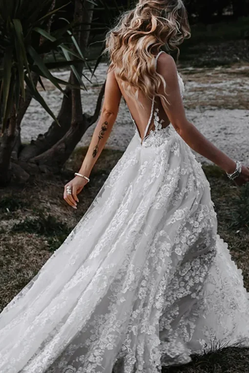 White Boho A-Line Wedding Dress with Appliques