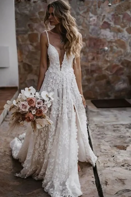 White Boho A-Line Wedding Dress with Appliques