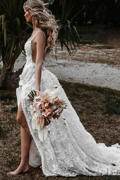 White Boho A-Line Wedding Dress with Appliques