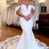 White Boho Mermaid Off the Shoulder Long Wedding Dress with Lace