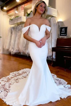 White Boho Mermaid Off the Shoulder Long Wedding Dress with Lace