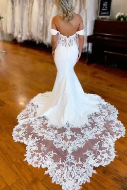 White Boho Mermaid Off the Shoulder Long Wedding Dress with Lace