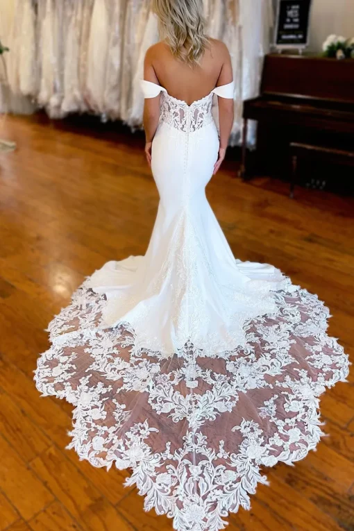 White Boho Mermaid Off the Shoulder Long Wedding Dress with Lace