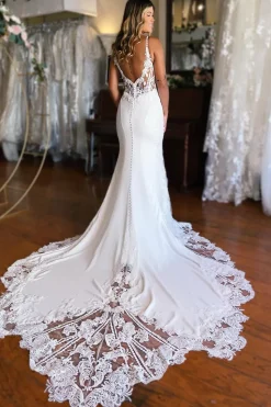 White Boho Mermaid Spaghetti Straps Long Wedding Dress with Lace
