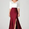 White Burgundy V-Neck Satin Mother of Bride Dress with Slit