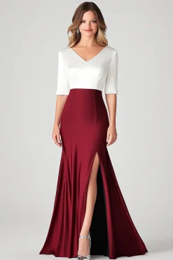 White Burgundy V-Neck Satin Mother of Bride Dress with Slit