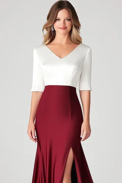 White Burgundy V-Neck Satin Mother of Bride Dress with Slit