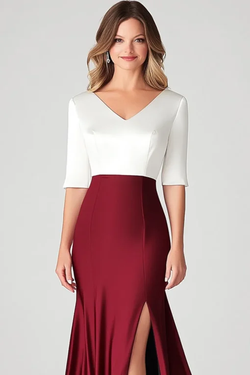 White Burgundy V-Neck Satin Mother of Bride Dress with Slit