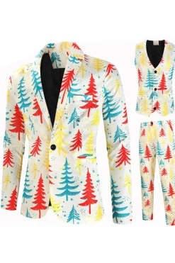 White Christmas Tree Printed 3 Piece Men's Suits