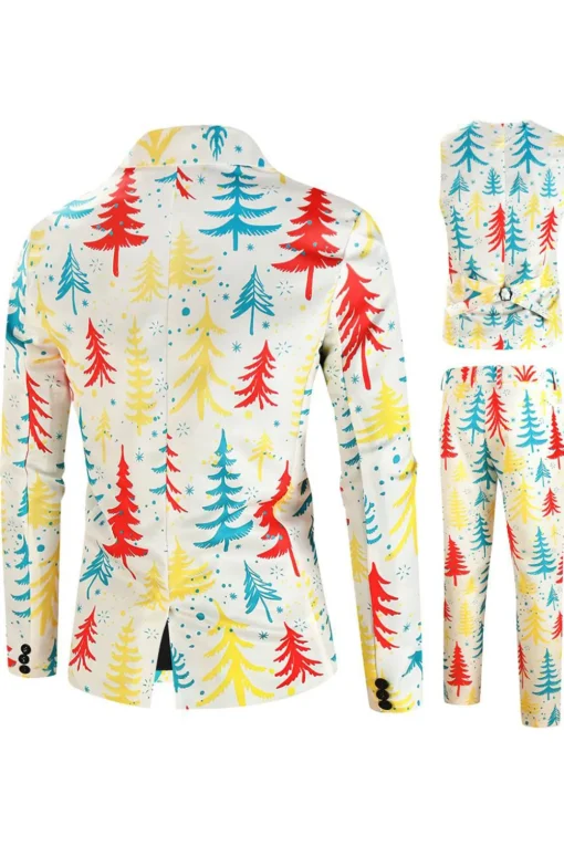 White Christmas Tree Printed 3 Piece Men's Suits