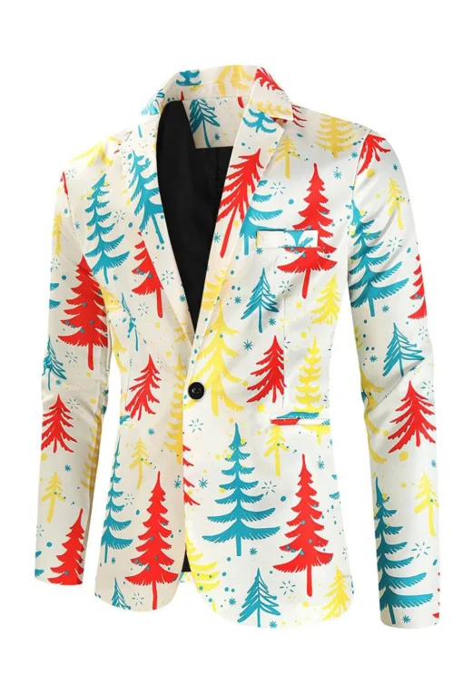 White Christmas Tree Printed 3 Piece Men's Suits