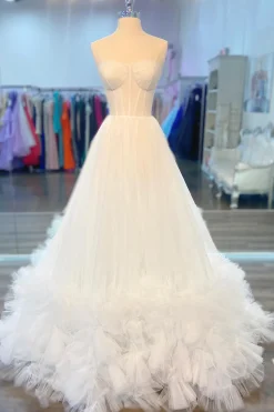 White Corset A-Line Sweetheart Long Prom Dress with Ruffles