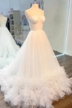 White Corset A-Line Sweetheart Long Prom Dress with Ruffles