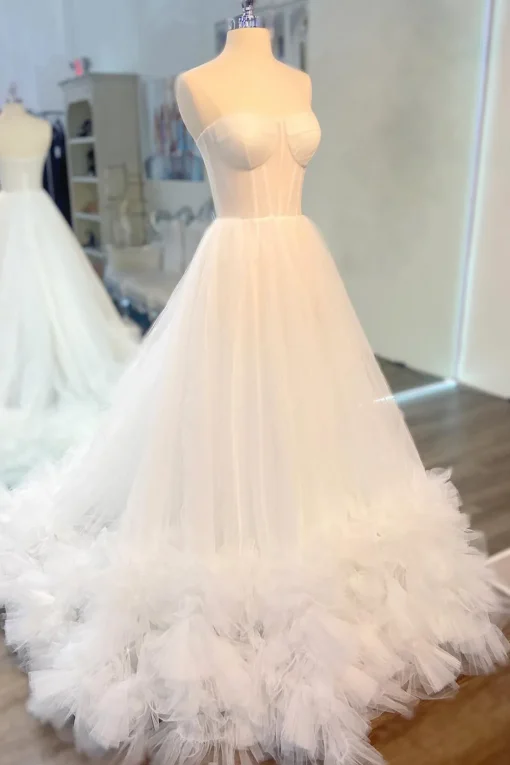 White Corset A-Line Sweetheart Long Prom Dress with Ruffles