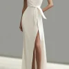 White Deep V Neck Mermaid Satin Formal Dress with Slit