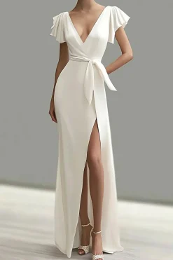 White Deep V Neck Mermaid Satin Formal Dress with Slit