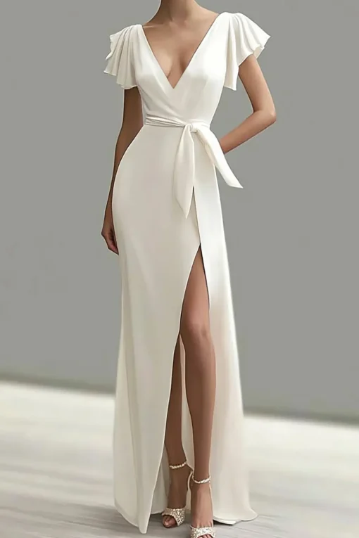 White Deep V Neck Mermaid Satin Formal Dress with Slit