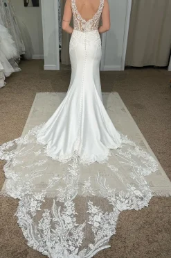 White Deep V-Neck Mermaid Long Wedding Dress with Lace