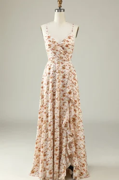 White Floral Boho Bridesmaid Dress with Ruffles