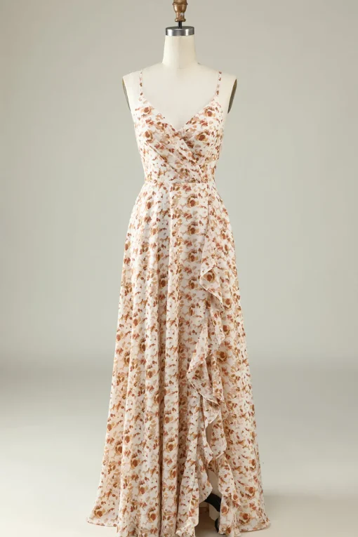 White Floral Boho Bridesmaid Dress with Ruffles