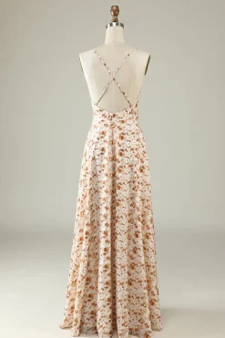 White Floral Boho Bridesmaid Dress with Ruffles