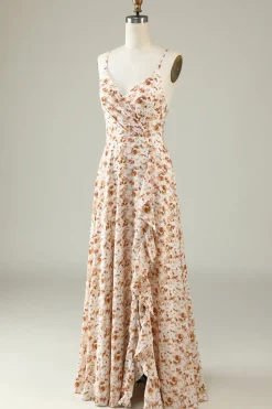 White Floral Boho Bridesmaid Dress with Ruffles