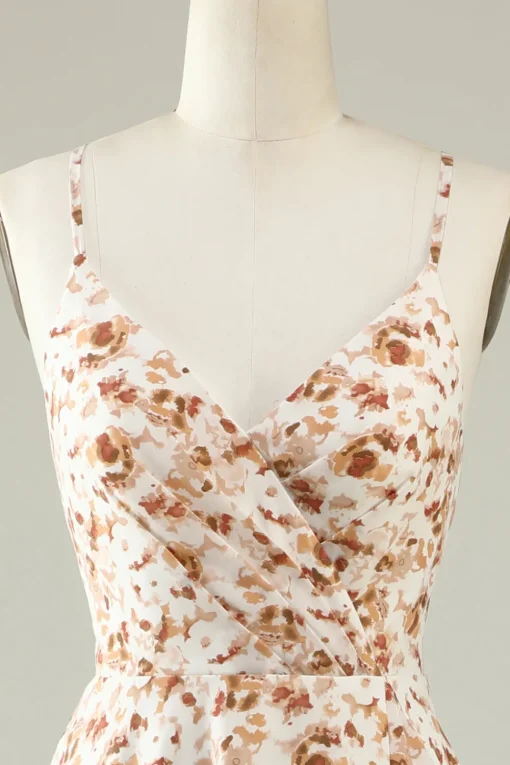 White Floral Boho Bridesmaid Dress with Ruffles