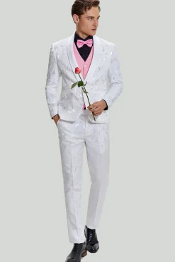 White Jacquard Satin 2 Piece Shawl Lapel Men's Prom Suits