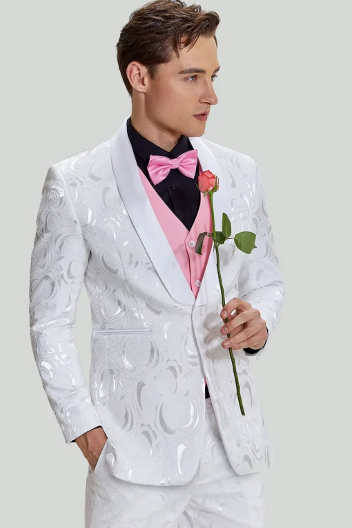 White Jacquard Satin 2 Piece Shawl Lapel Men's Prom Suits