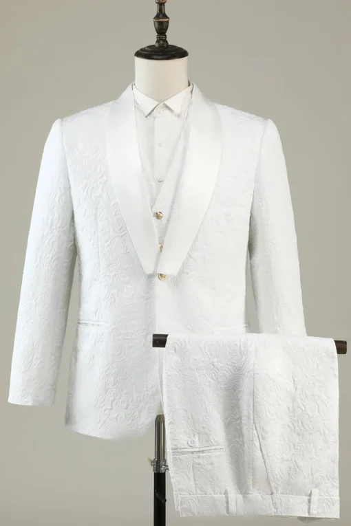 White Jacquard Shawl Lapel 3 Piece Prom Homecoming Suits